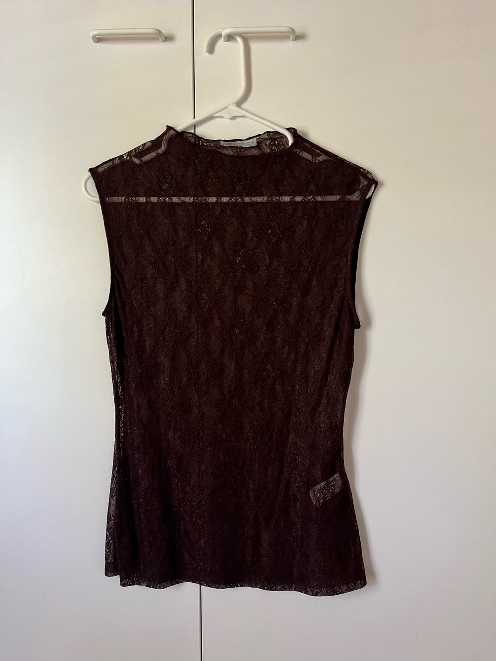 Brown Zara Mock Neck Sheer Lace Tank Top